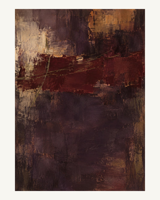 Ett brutet rött färgstråk vilar över en stilla mörk yta, med tunna olivgröna drag och en ljus öppning. Format 40 × 50 cm med ljus marginal.