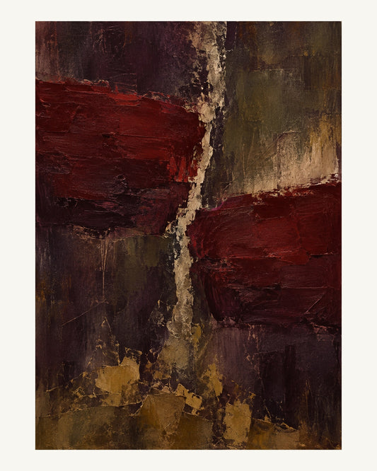 Två breda röda färgdrag möts över en bruten ljus springa, med mörka underlager och dämpad ockra. Format 40 × 50 cm med ljus marginal.
