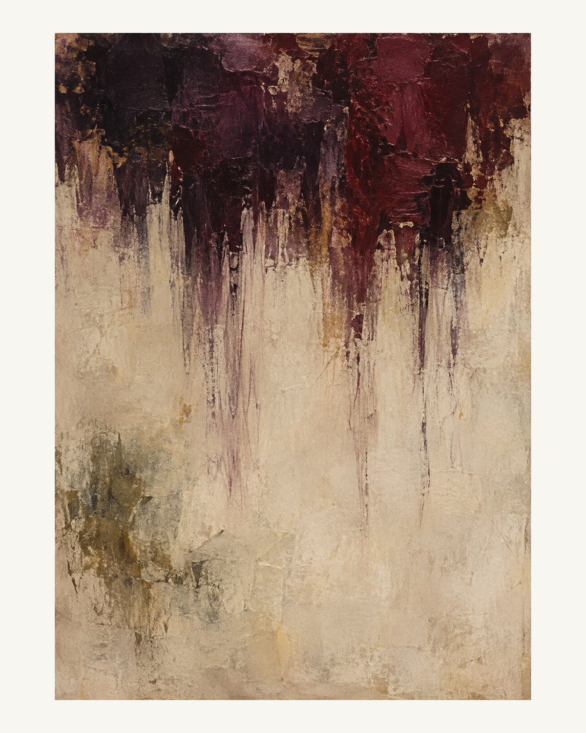 Täta mörkröda lager tunnas ut i långa penselspår över en ljus yta. Format 40 × 50 cm med ljus marginal.