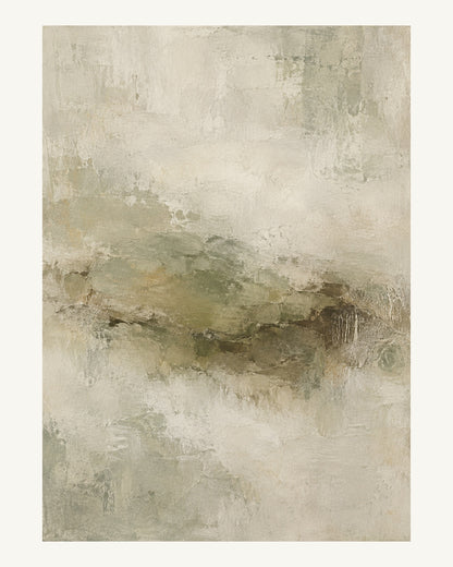 Ett lågt, mjukt färgfält i oliv och umbra tonar ut över ljust papperliknande måleri. Format 40 × 50 cm med ljus marginal.