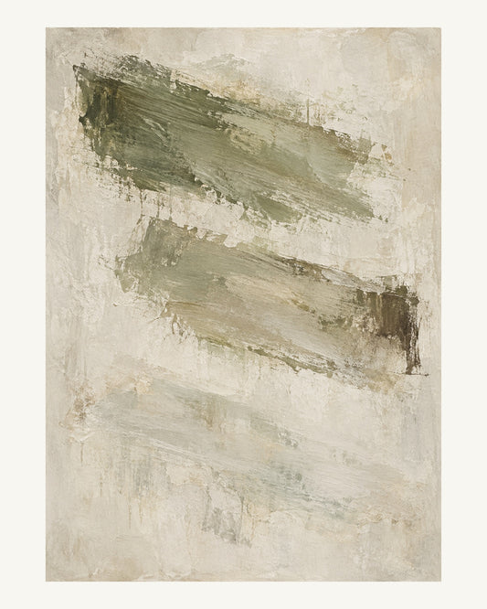 Tre ojämna stråk i oliv och kittgrått förskjuts genom ljusa mellanrum. Format 40 × 50 cm med ljus marginal.