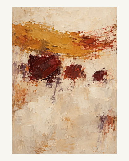 Ett brett ockrafärgat svep fransar ut i röda penselspår över små mörkröda färgansamlingar. Format 40 × 50 cm med ljus marginal.