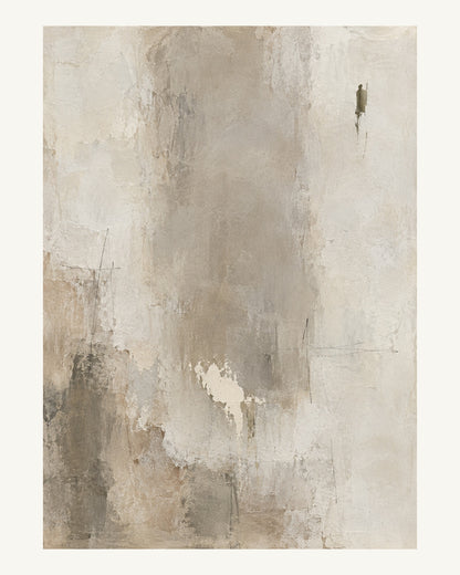 En tunn varmgrå slöja tonar över kalkvitt och ett ensamt rökgrönt spår. Format 40 × 50 cm med ljus marginal.