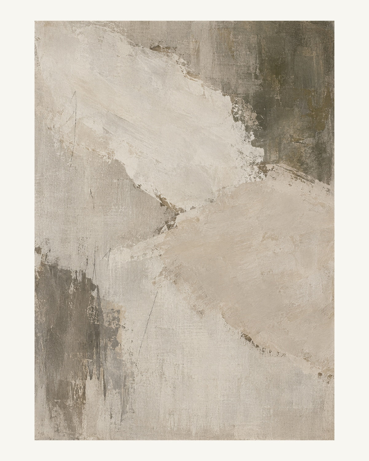 Två breda, bleka lerfärgade drag förskjuts mot varandra över synlig vävliknande struktur. Format 40 × 50 cm med ljus marginal.