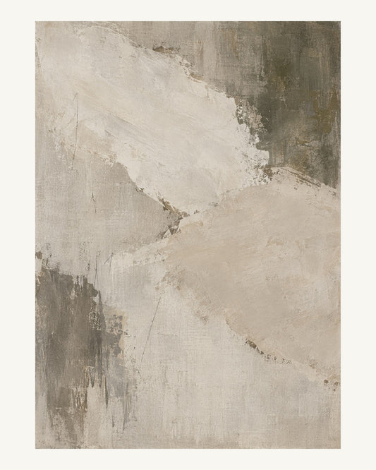 Två breda, bleka lerfärgade drag förskjuts mot varandra över synlig vävliknande struktur. Format 40 × 50 cm med ljus marginal.