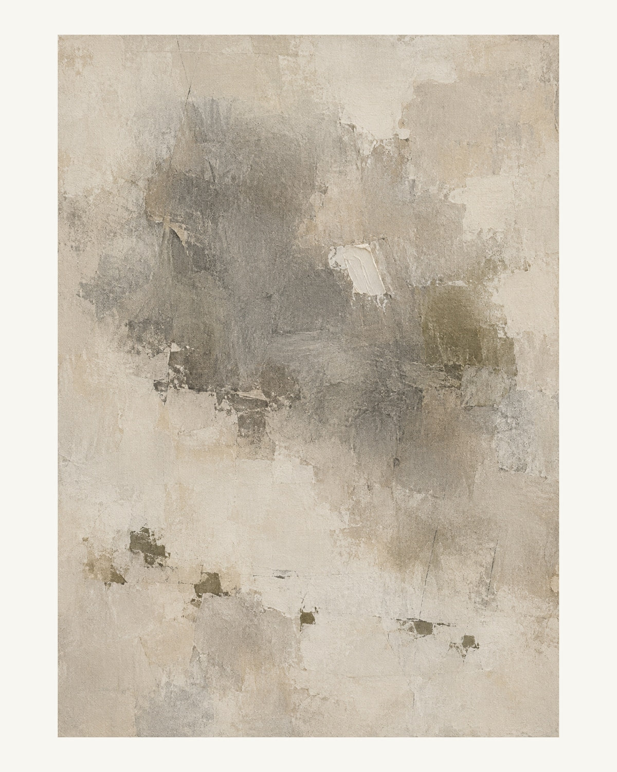Mjuka grå pigmentlager samlas kring en liten vit skrapning med glest placerade olivgrå spår. Format 40 × 50 cm med ljus marginal.