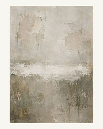 Ett nästan vitt penselsvep och två bleka lerfärgade skiftningar ger en stilla, ljus komposition. Format 40 × 50 cm med ljus marginal.
