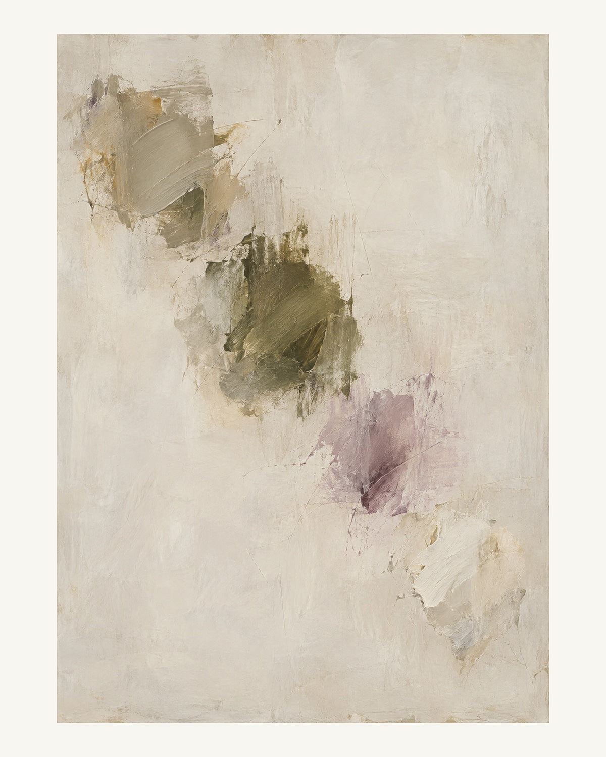 Fyra mjuka färganslag i kittgrått, oliv och blekt plommon rör sig snett över en ljus grund. Format 40 × 50 cm med ljus marginal.