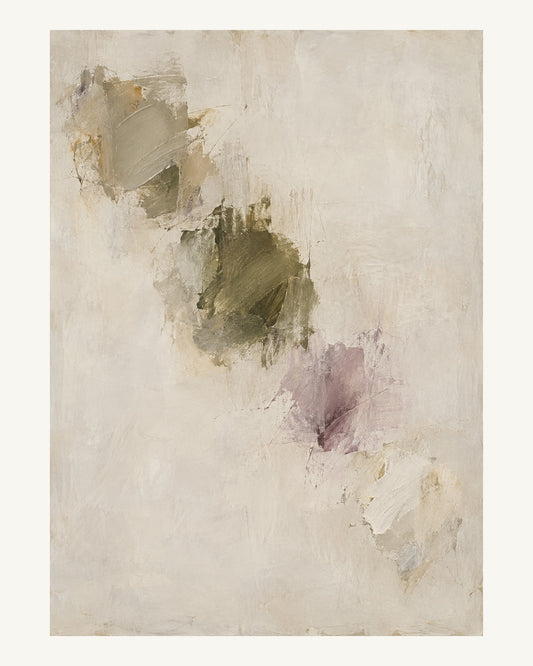 Fyra mjuka färganslag i kittgrått, oliv och blekt plommon rör sig snett över en ljus grund. Format 40 × 50 cm med ljus marginal.