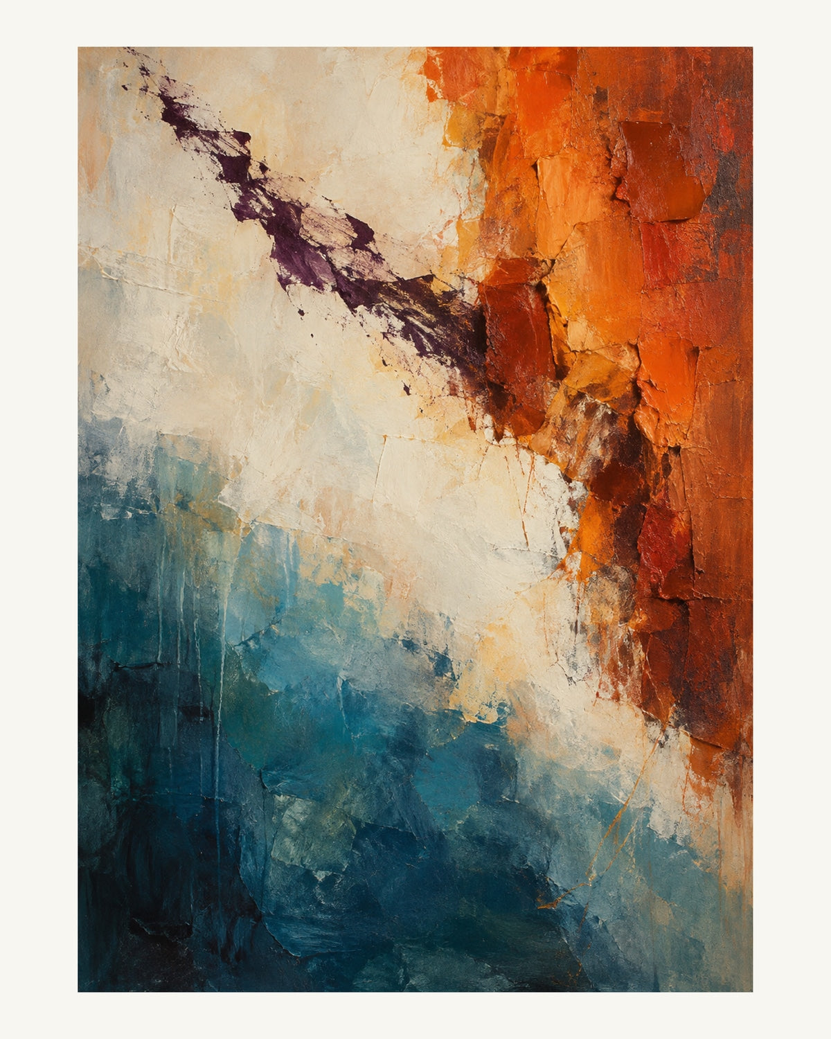 Bränd orange och petrolblått hålls isär av ett ljust mellanrum med ett mörkt, torrt penselspår. Format 40 × 50 cm med ljus marginal.