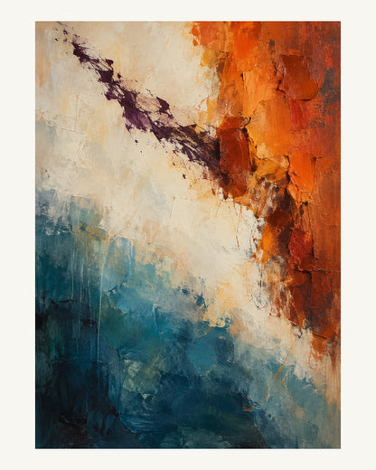 Bränd orange och petrolblått hålls isär av ett ljust mellanrum med ett mörkt, torrt penselspår. Format 40 × 50 cm med ljus marginal.