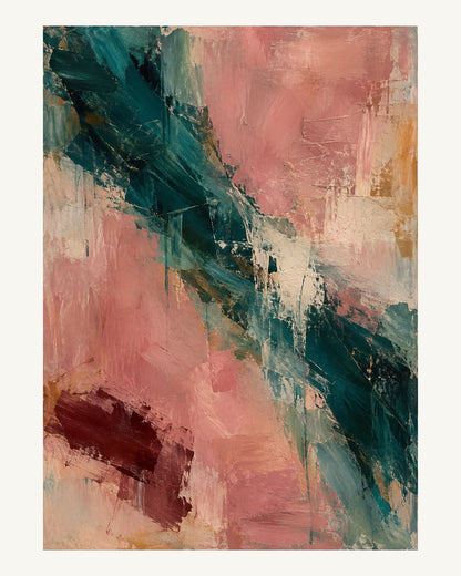Ett brutet mörkt blågrönt drag korsar dammigt rosa och bryts av kalkljus färg. Format 40 × 50 cm med ljus marginal.
