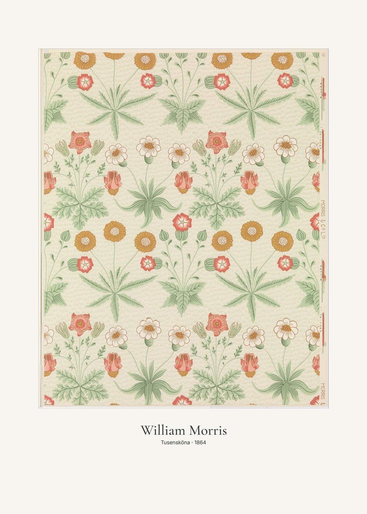 Tusensköna av William Morris. Konstposter med ljus marginal och diskret verktext. 50 × 70 cm.
