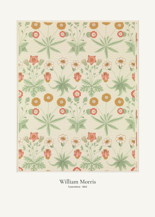 Tusensköna av William Morris. Konstposter med ljus marginal och diskret verktext. 50 × 70 cm.