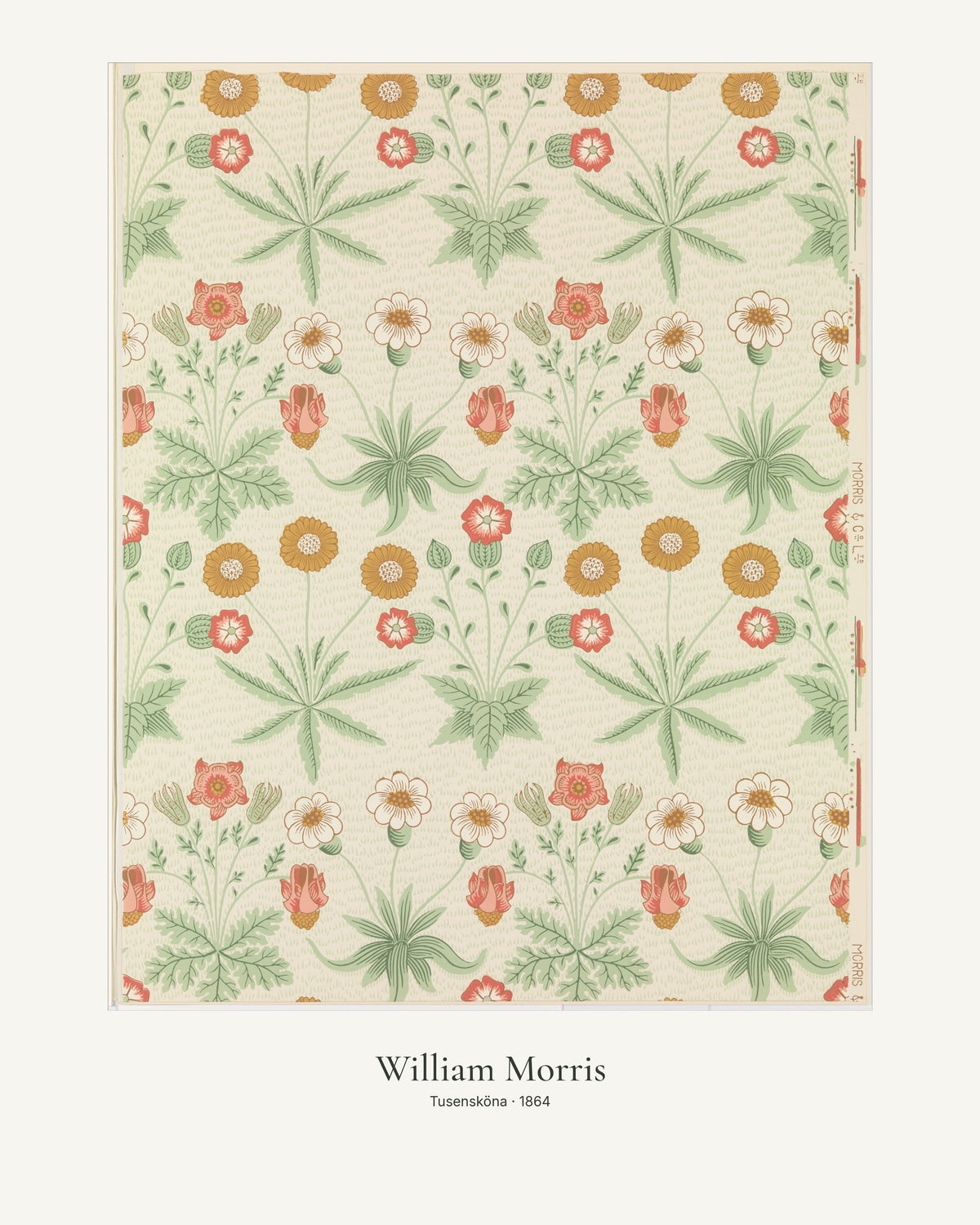 Tusensköna av William Morris. Konstposter med ljus marginal och diskret verktext. 40 × 50 cm.
