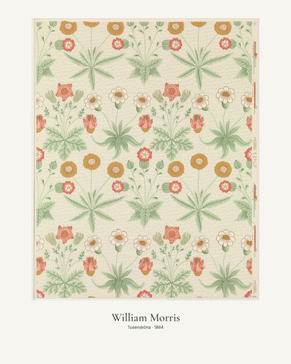 Tusensköna av William Morris. Konstposter med ljus marginal och diskret verktext. 40 × 50 cm.