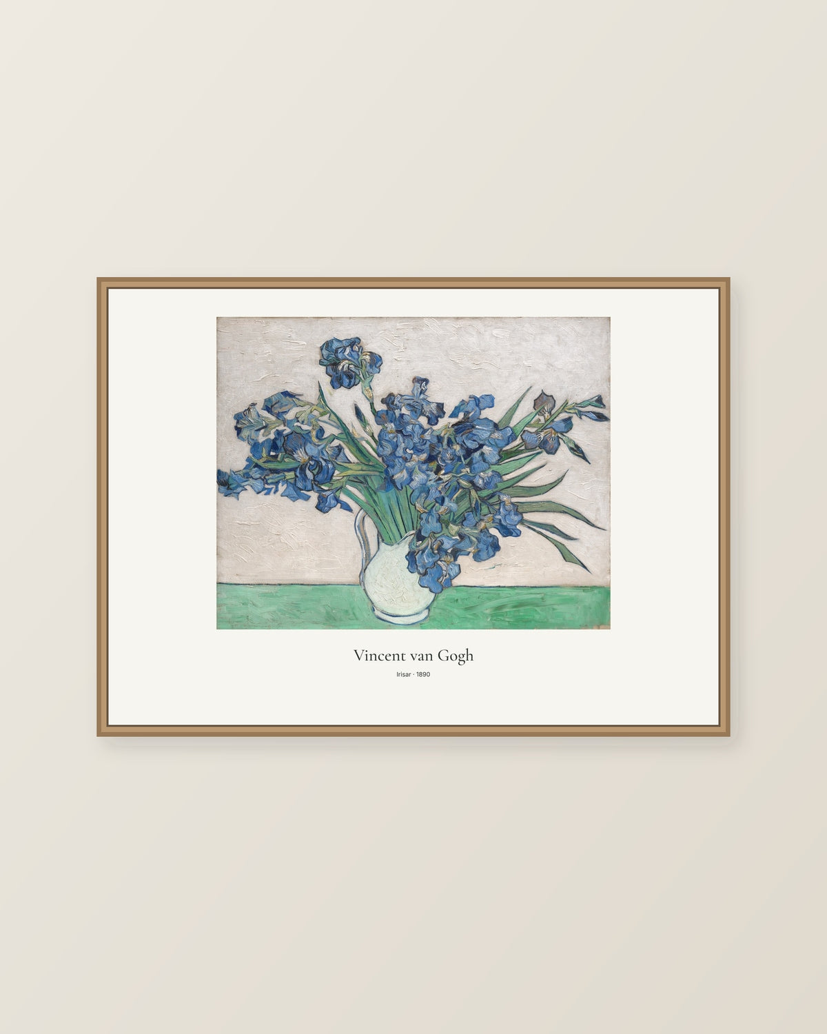 Irisar av Vincent van Gogh. Konstposter med ljus marginal och diskret verktext. Illustrerad inramningsvy. Ram ingår inte.
