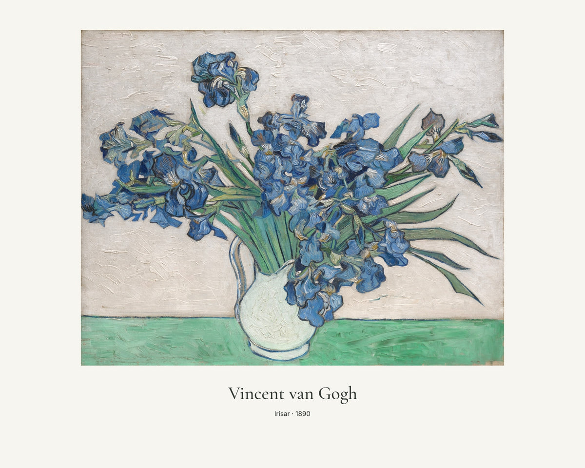 Irisar av Vincent van Gogh. Konstposter med ljus marginal och diskret verktext. 40 × 50 cm.