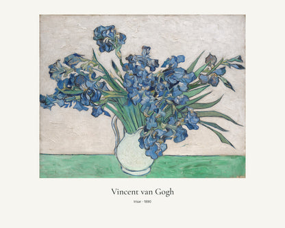 Irisar av Vincent van Gogh. Konstposter med ljus marginal och diskret verktext. 40 × 50 cm.