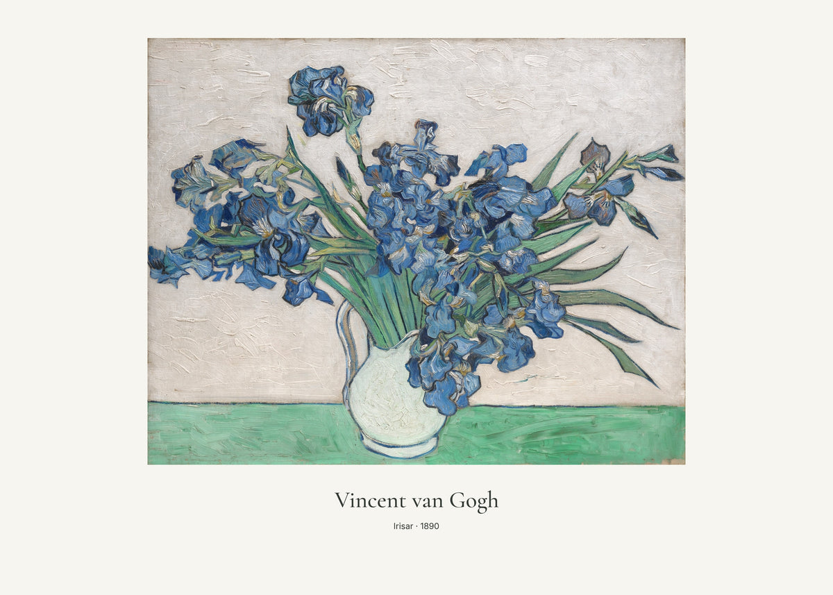Irisar av Vincent van Gogh. Konstposter med ljus marginal och diskret verktext. 50 × 70 cm.