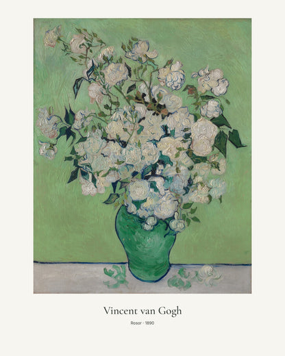 Rosor av Vincent van Gogh. Konstposter med ljus marginal och diskret verktext. 40 × 50 cm.