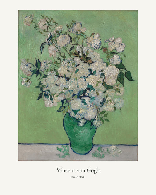 Rosor av Vincent van Gogh. Konstposter med ljus marginal och diskret verktext. 40 × 50 cm.
