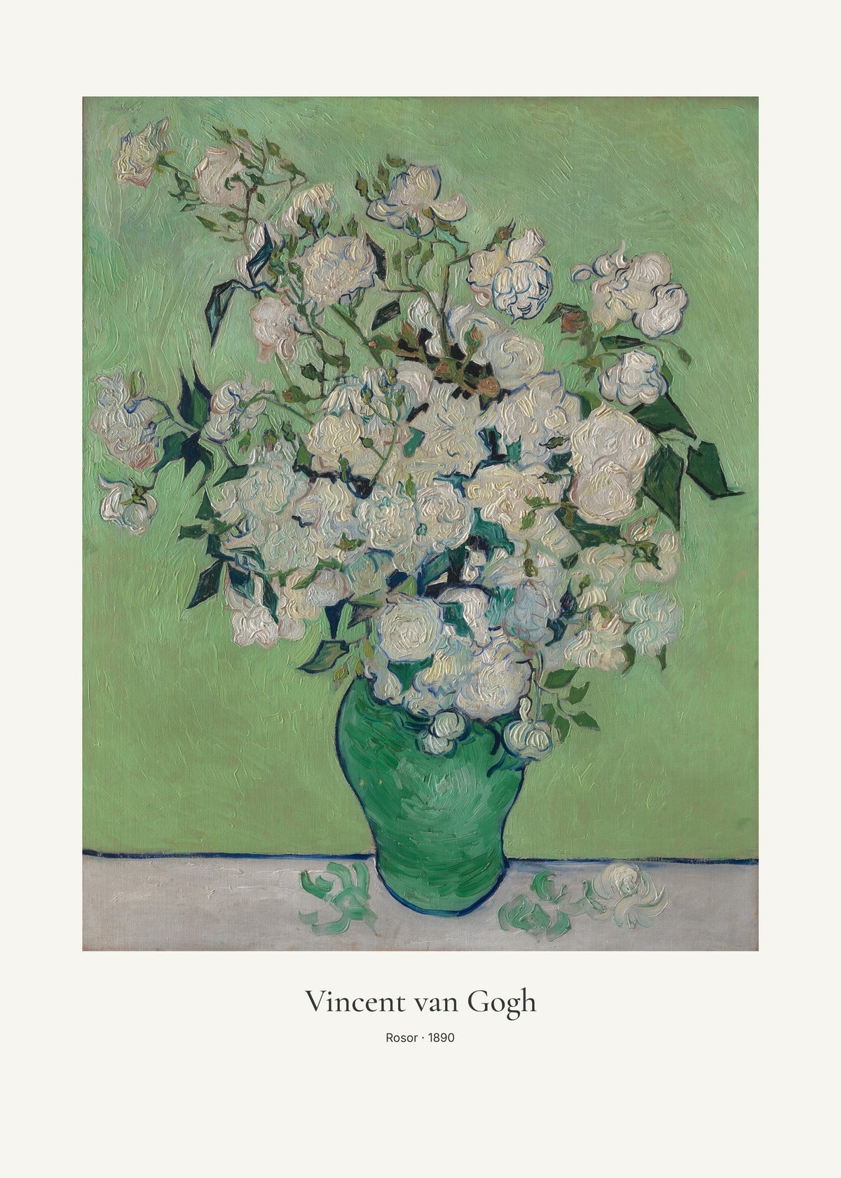 Rosor av Vincent van Gogh. Konstposter med ljus marginal och diskret verktext. 50 × 70 cm.