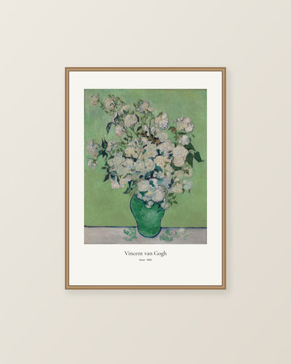 Rosor av Vincent van Gogh. Konstposter med ljus marginal och diskret verktext. Illustrerad inramningsvy. Ram ingår inte.