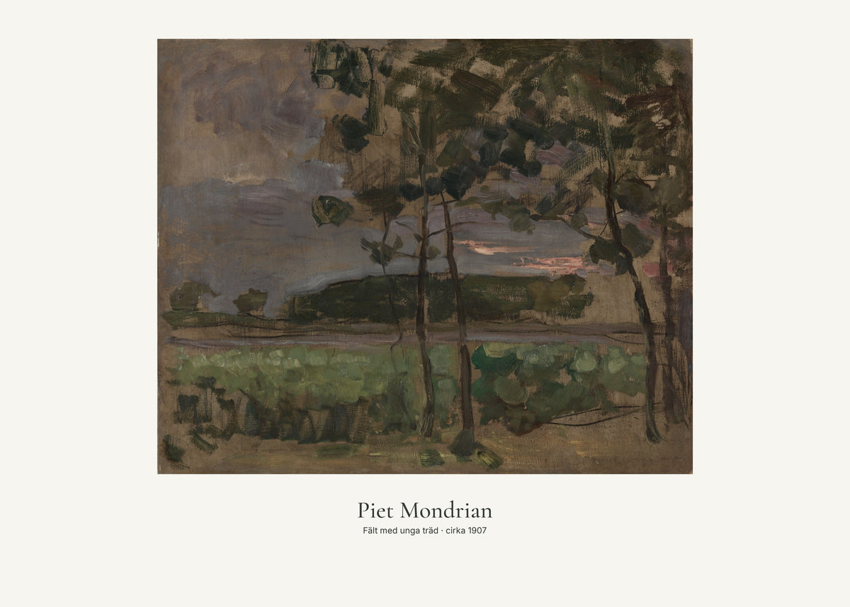 Fält med unga träd av Piet Mondrian. Konstposter med ljus marginal och diskret verktext. 50 × 70 cm.