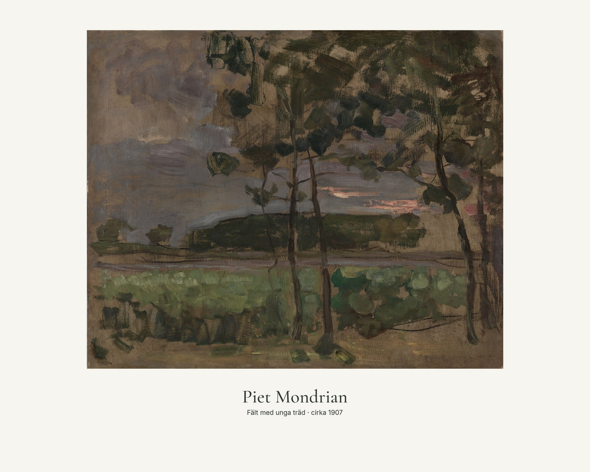 Fält med unga träd av Piet Mondrian. Konstposter med ljus marginal och diskret verktext. 40 × 50 cm.