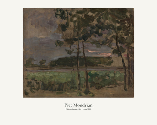 Fält med unga träd av Piet Mondrian. Konstposter med ljus marginal och diskret verktext. 40 × 50 cm.