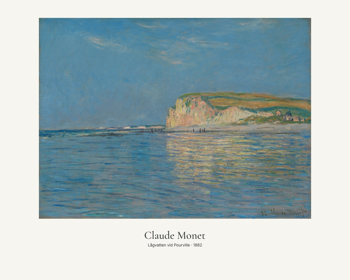 Lågvatten vid Pourville av Claude Monet. Konstposter med ljus marginal och diskret verktext. 40 × 50 cm.