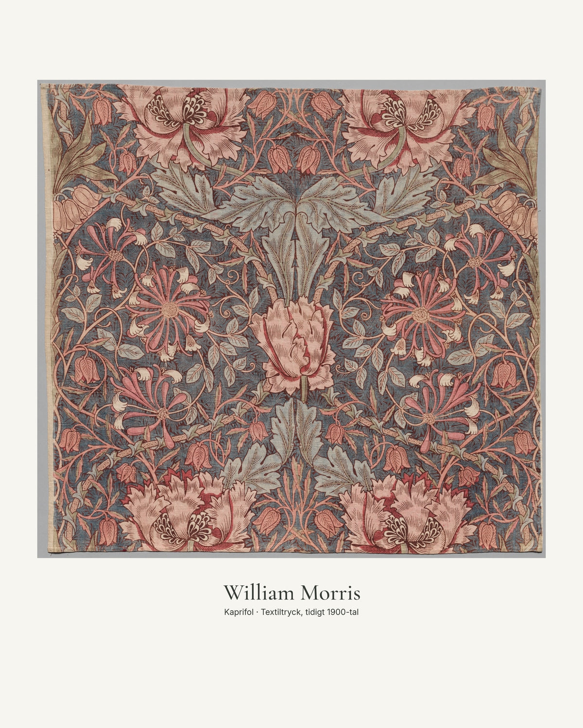 Kaprifol av William Morris. Konstposter med ljus marginal och diskret verktext. 40 × 50 cm.