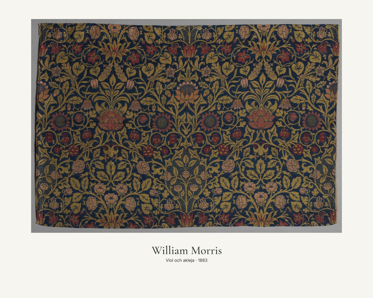 Viol och akleja av William Morris. Konstposter med ljus marginal och diskret verktext. 40 × 50 cm.