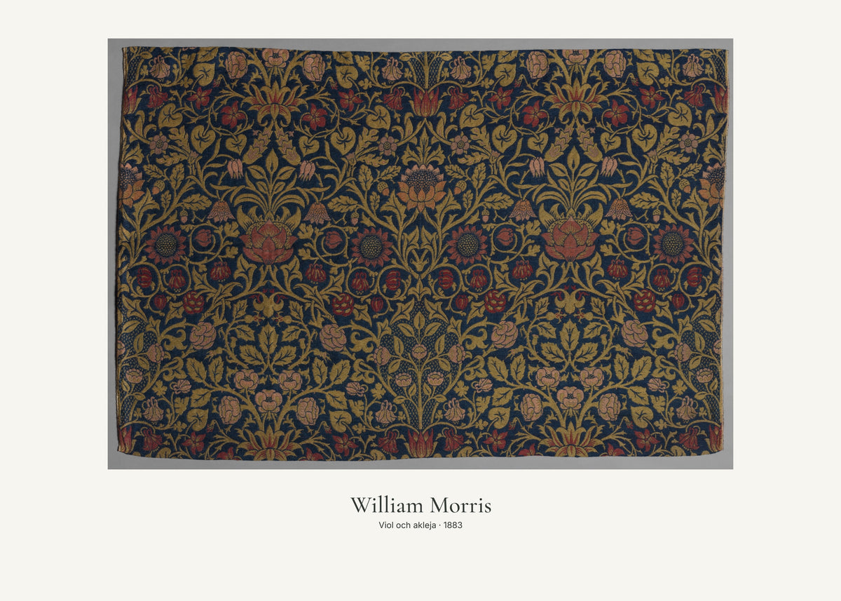 Viol och akleja av William Morris. Konstposter med ljus marginal och diskret verktext. 50 × 70 cm.