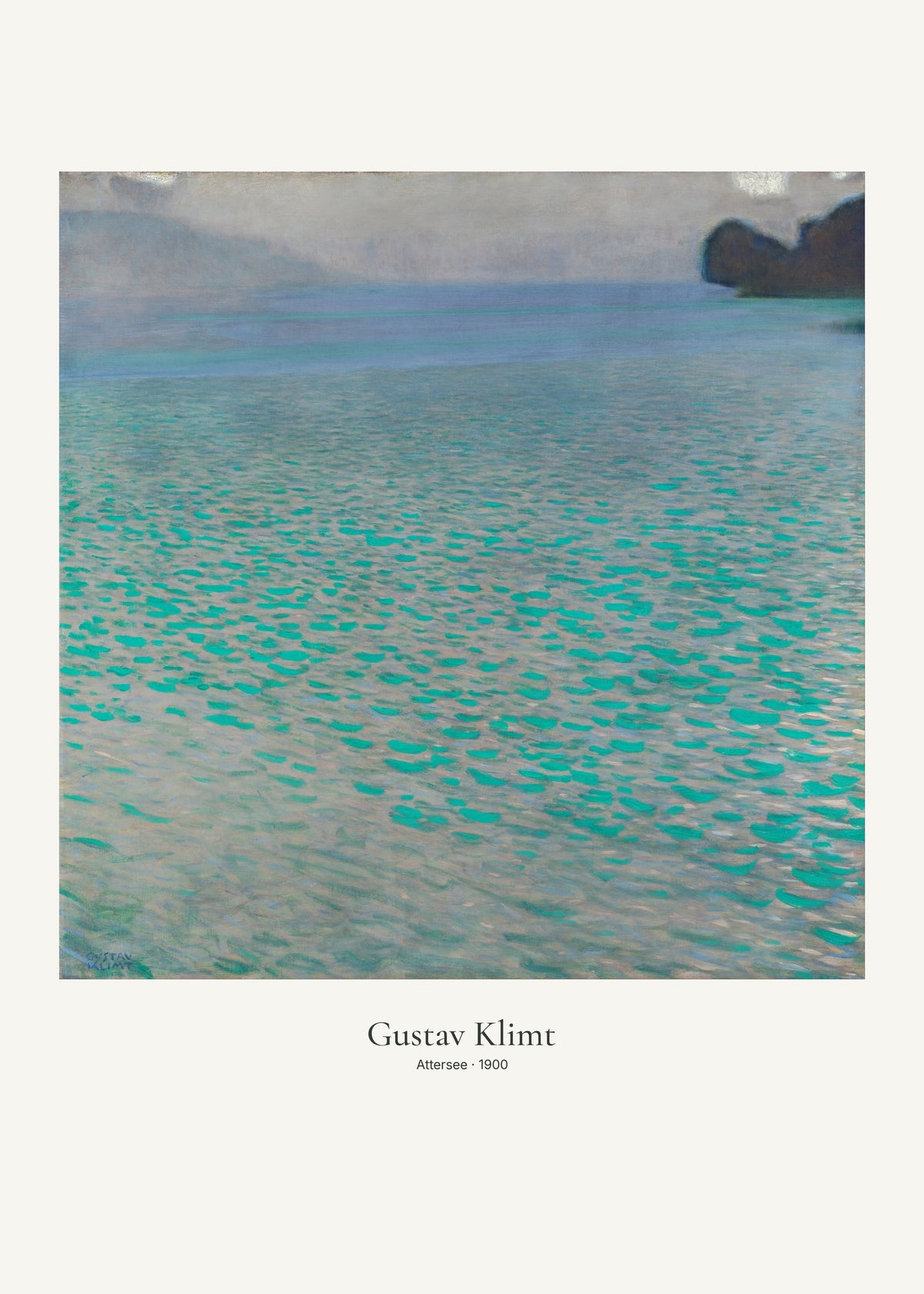 Attersee av Gustav Klimt. Konstposter med ljus marginal och diskret verktext. 50 × 70 cm.