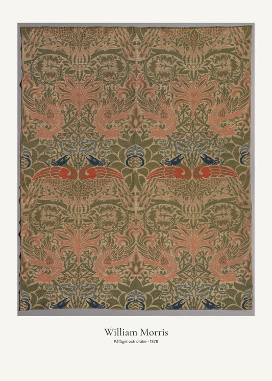 Påfågel och drake av William Morris. Konstposter med ljus marginal och diskret verktext. 50 × 70 cm.