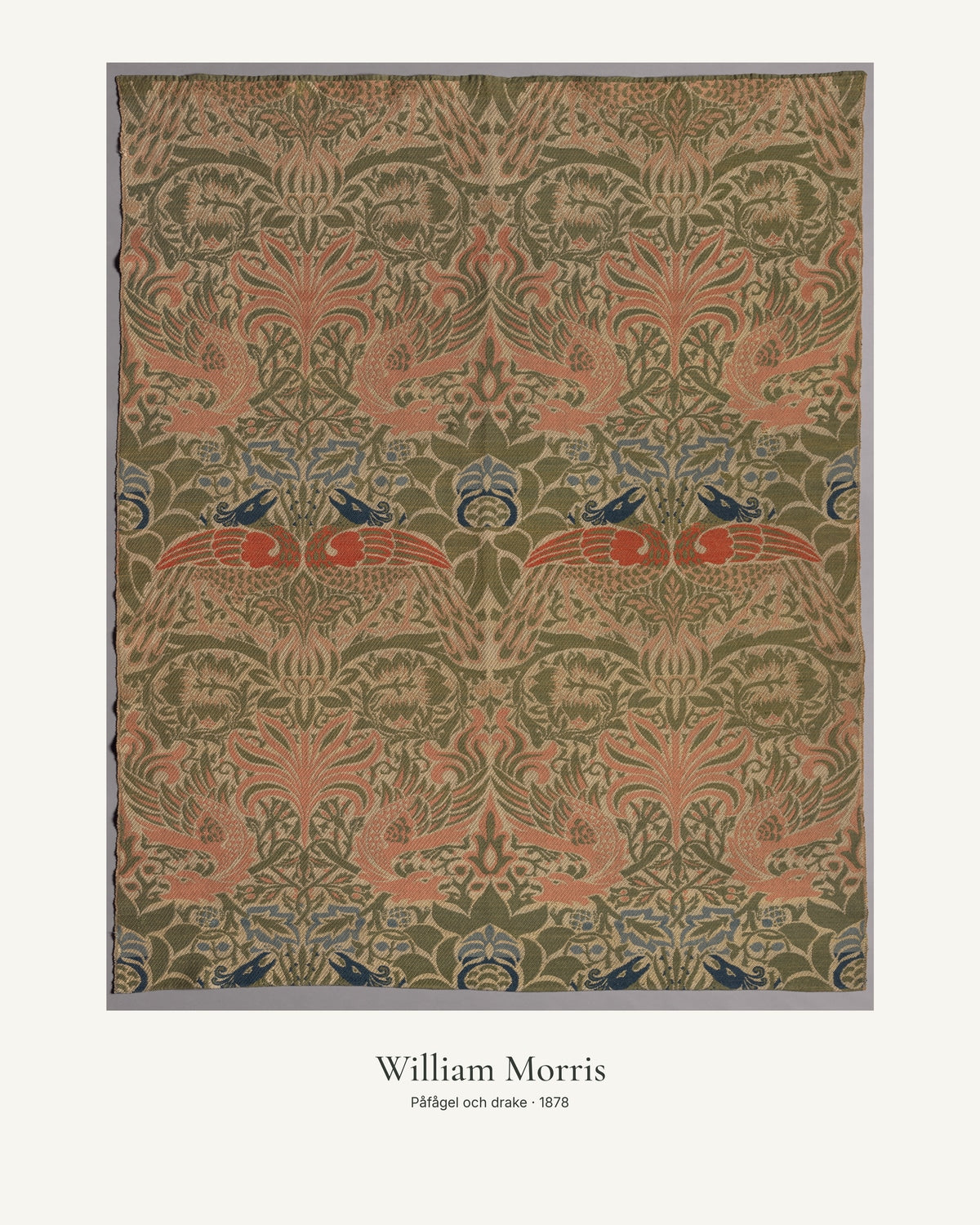 Påfågel och drake av William Morris. Konstposter med ljus marginal och diskret verktext. 40 × 50 cm.