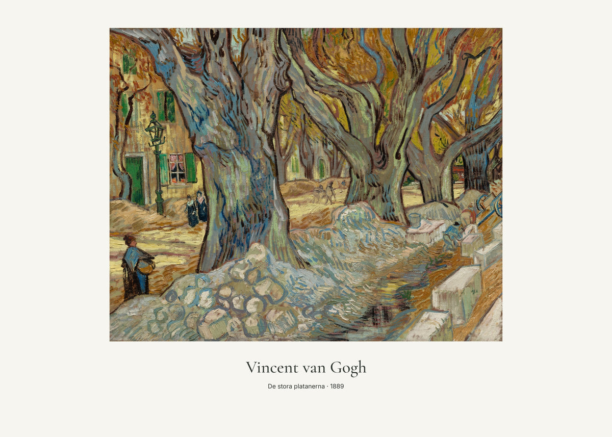 De stora platanerna av Vincent van Gogh. Konstposter med ljus marginal och diskret verktext. 50 × 70 cm.