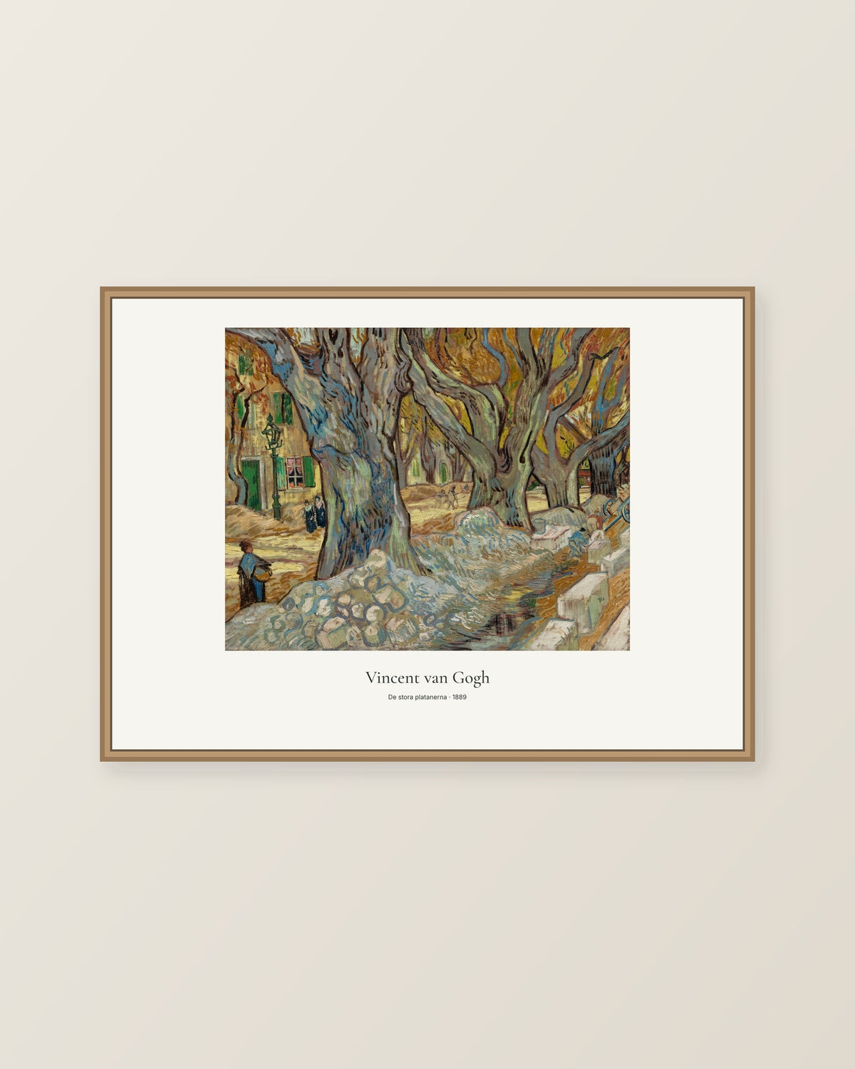 De stora platanerna av Vincent van Gogh. Konstposter med ljus marginal och diskret verktext. Illustrerad inramningsvy. Ram ingår inte.