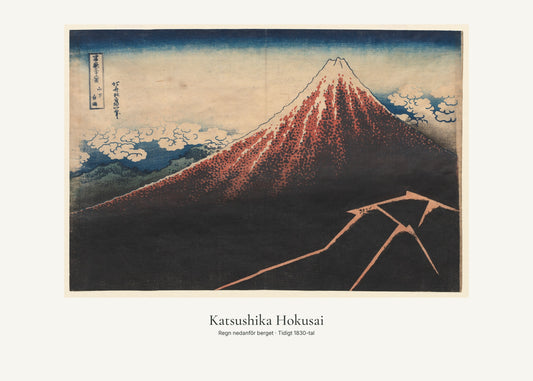 Regn nedanför berget av Katsushika Hokusai. Konstposter med ljus marginal och diskret verktext. 50 × 70 cm.