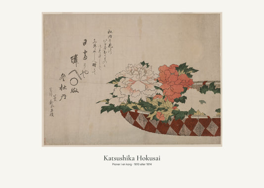 Pioner i en korg av Katsushika Hokusai. Konstposter med ljus marginal och diskret verktext. 50 × 70 cm.