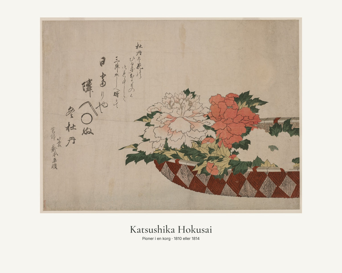 Pioner i en korg av Katsushika Hokusai. Konstposter med ljus marginal och diskret verktext. 40 × 50 cm.