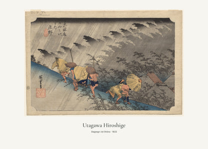 Slagregn vid Shōno av Utagawa Hiroshige. Konstposter med ljus marginal och diskret verktext. 50 × 70 cm.