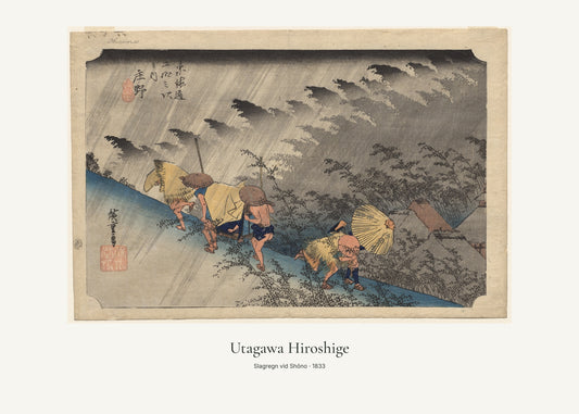 Slagregn vid Shōno av Utagawa Hiroshige. Konstposter med ljus marginal och diskret verktext. 50 × 70 cm.