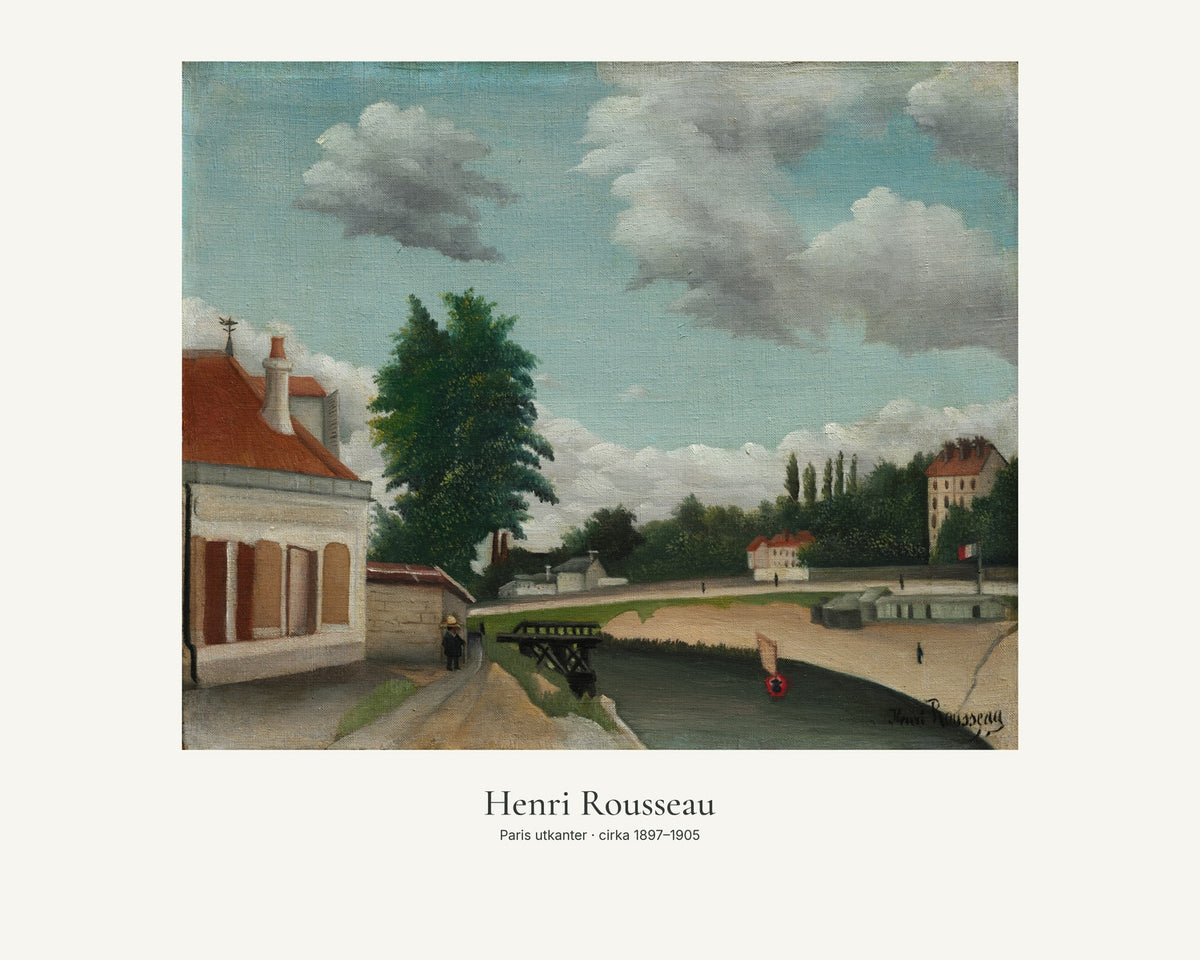 Paris utkanter av Henri Rousseau. Konstposter med ljus marginal och diskret verktext. 40 × 50 cm.