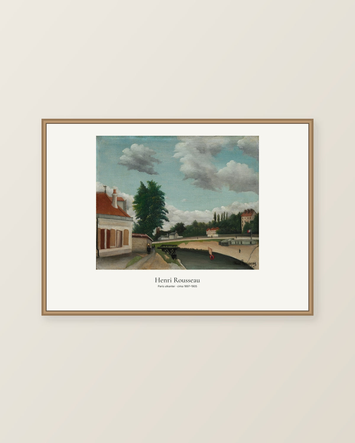 Paris utkanter av Henri Rousseau. Konstposter med ljus marginal och diskret verktext. Illustrerad inramningsvy. Ram ingår inte.