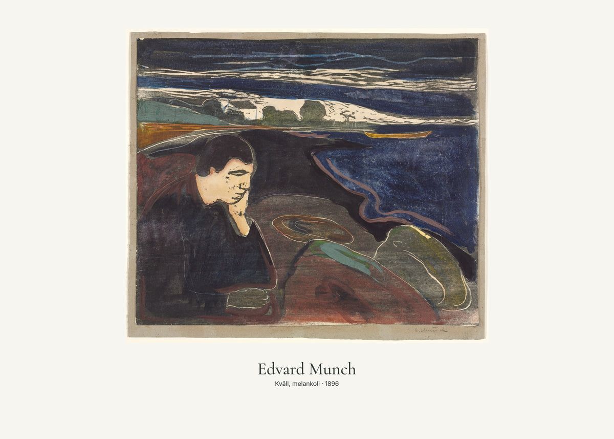 Kväll, melankoli av Edvard Munch. Konstposter med ljus marginal och diskret verktext. 50 × 70 cm.