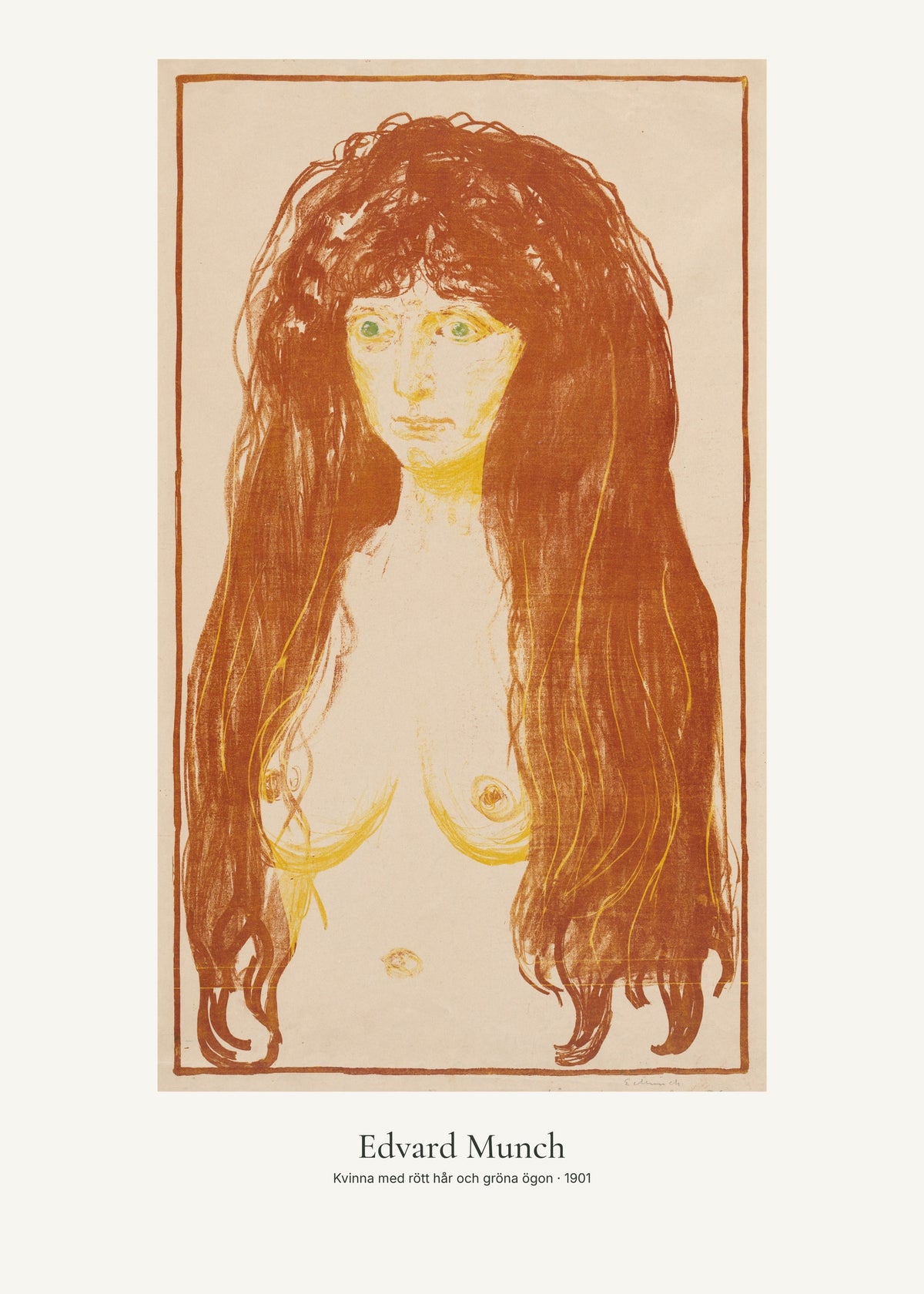 Kvinna med rött hår och gröna ögon av Edvard Munch. Konstposter med ljus marginal och diskret verktext. 50 × 70 cm.