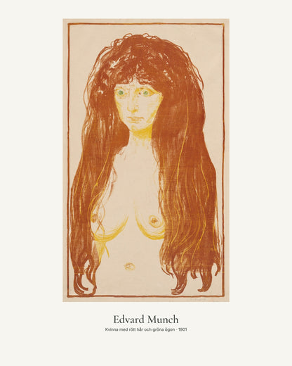 Kvinna med rött hår och gröna ögon av Edvard Munch. Konstposter med ljus marginal och diskret verktext. 40 × 50 cm.
